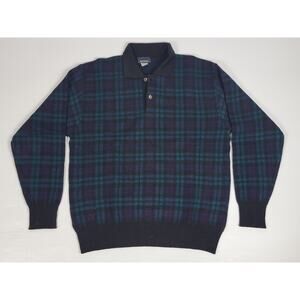 Vintage Mark Shale‎ Mens XL 100% Wool Tartan Green Blue Plaid Christmas Sweater